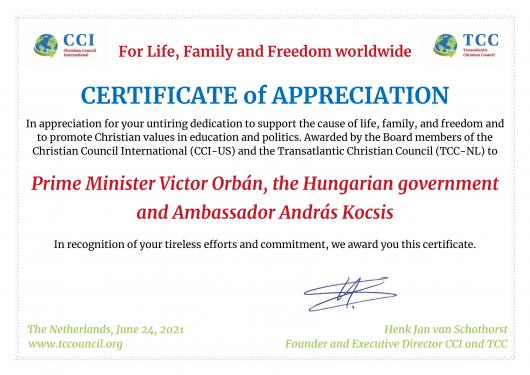 Certificate of Appreciation Victor Orban