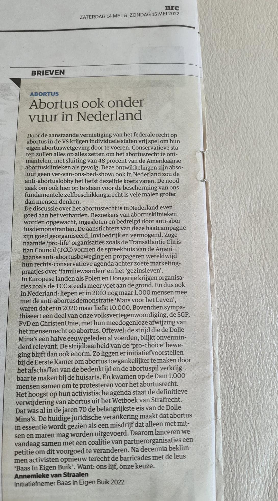 Abortus ook onder vuur in Nederland - NRC 14-05-2022